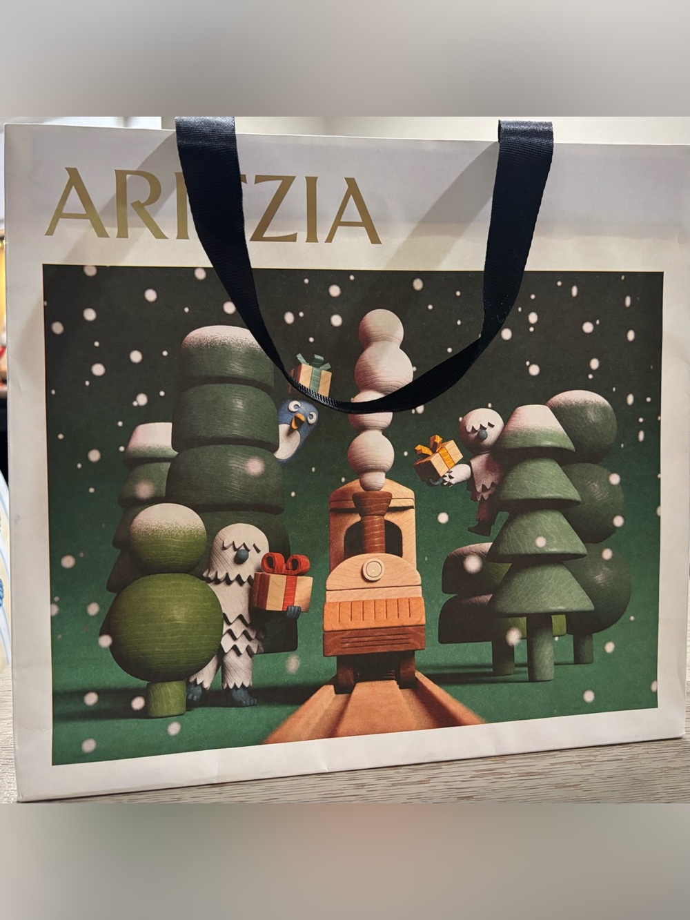 Aritzia Green and Cream Holiday Shopping Bag with Playful Winter Scene. Medium